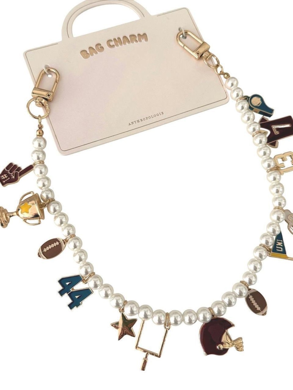 Anthropologie Pearl Bag Charm with Gold and Navy Accents
